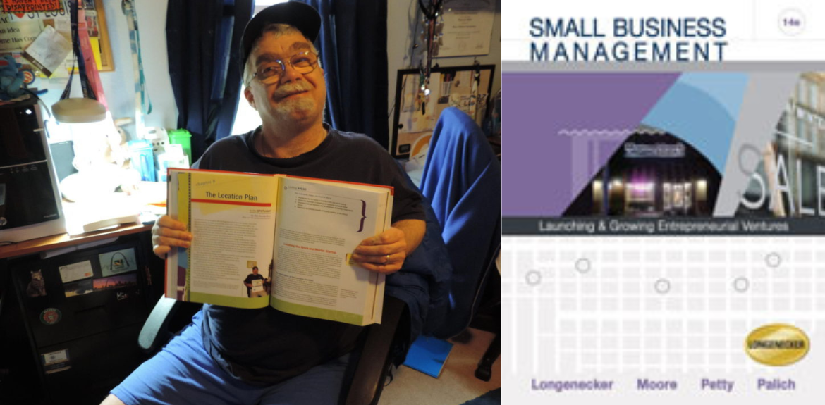Chris Mitchell in office, e wearing a dark baseball cap, shirt and glasses with some facial hair, sitting in a chair holding open a textbook to the page with his photo on it. To the right of that image is the cover of the textbook.