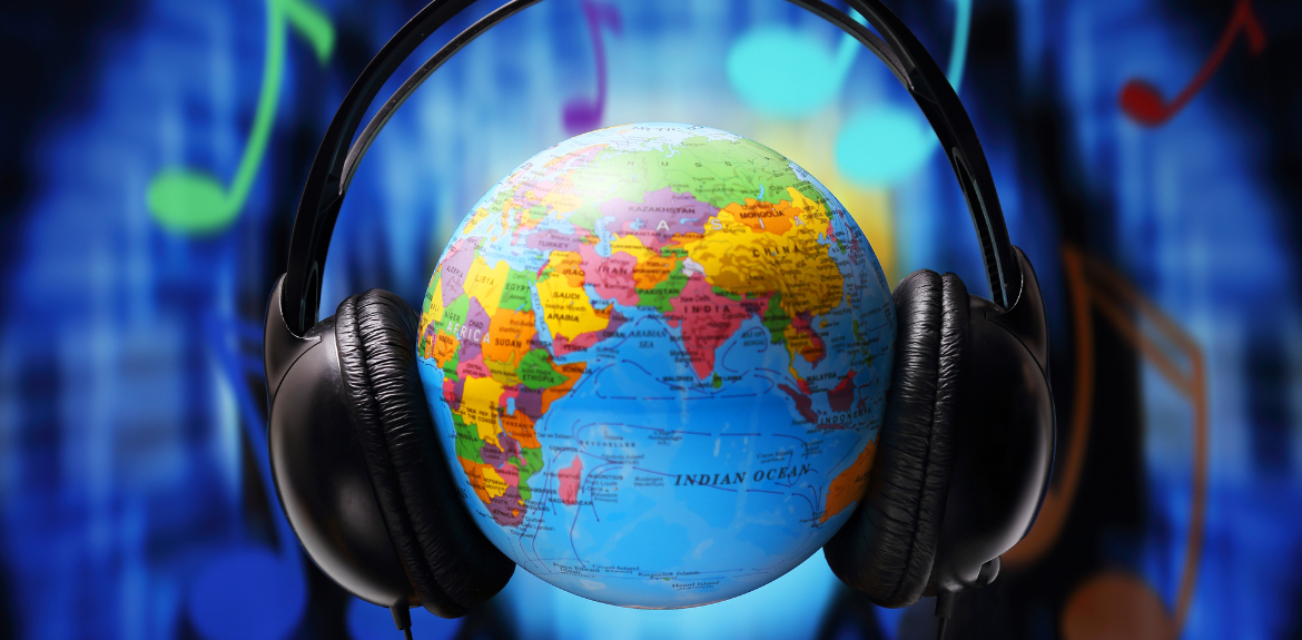 Planet Earth wearing black headphones against a dark blue background