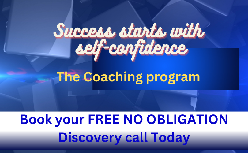 Vibrant blue background with transparent blue shapes overlaying each other. Text on the image, in yellow/white color, reads: “Success Starts with Self-Confidence”. Followed by “The Coaching Program” in yellow text.