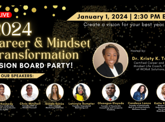 Black background with silver confetti. Text on image includes “live, 2024 Carrer & mindset Transformation Vision Board Party. January 1, 2024, 2:30 pm ETS – create a vision board for your best year yet!. Hosted by: Dr. Kristy K. Taylor, certified career and Master Mindset Life Coach, founder of WORxK Solutions, LLC.” Headshots of Dr, Taylor and the 7presenteers appear on the image.