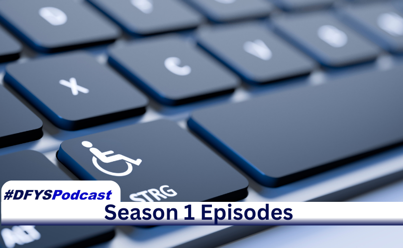 A partial view from an angle of grey keys on a laptop. Letters are blurred. The key to the left of the space bar has a disabled logo and the letters STRG in white. Along the bottom of the image, in a white bar with a tab on the left test appears that reads “#DFYSPodcast Season 1 Episodes in 2 shades of blue
