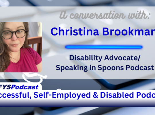 White Transparent overlay on top of a partial view from an angle of grey keys on a laptop. Letters are blurred. The key to the left of the space bar has a disabled logo and the letters STRG in white. On the left side of the image is a photo of the guest, Chistina Brookman, a woman, with long dark blond hair, wearing glasses and a strawberry-colored shirt. To the right of the photo is the text that reads “A conversation with Christian Brookman Disability Advocate/Speaking in Spoons Podcast”
